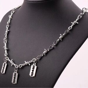 Punk Rock Emo Goth Silver Barbed Wire Chain & mini Razor Blade Necklace